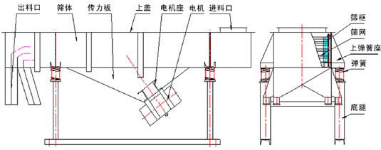 直線振動篩內(nèi)部結(jié)構(gòu)：出料口，篩體，傳力板，上蓋，電機座，電機，進料口，篩框，篩網(wǎng)，上彈簧座，彈簧，底腿。