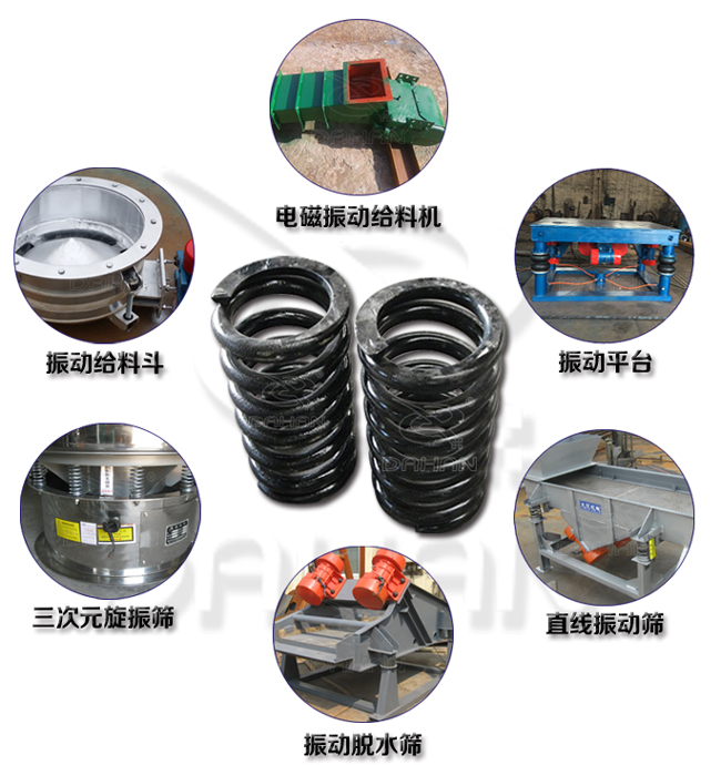 旋振篩減震彈簧適用產(chǎn)品：振動給料機(jī)，電磁振動給料機(jī)，振動平臺，直線振動篩，振動脫水篩，三次元旋振篩。