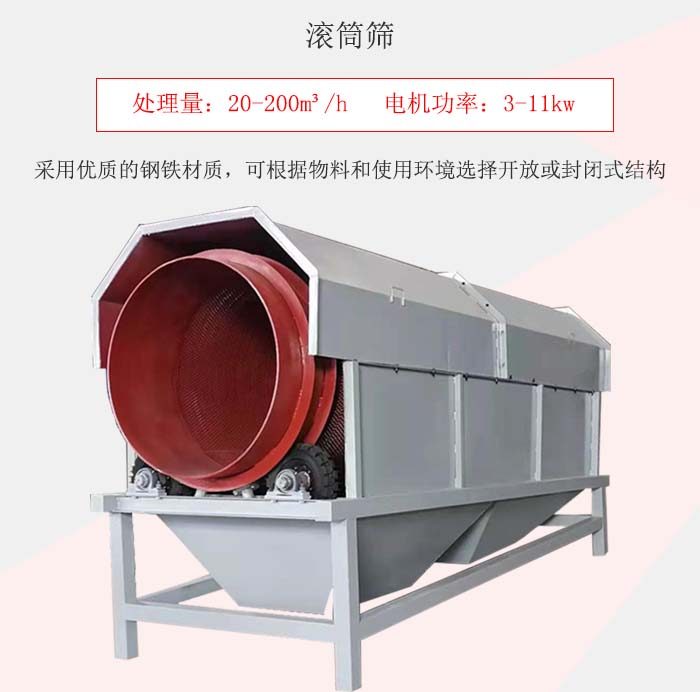 滾筒篩采用優(yōu)質(zhì)的鋼鐵材質(zhì)，可根據(jù)物料和使用環(huán)境選擇開放或封閉式結(jié)構(gòu)