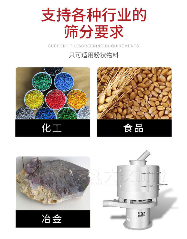 氣流篩用于礦粉，石墨粉，活性納米碳酸鈣，鋁灰，大豆粉，碳酸重鈣，石墨粉，木粉，干草，重金石粉，藥粉末，橡膠顆粒，草酸鹽，干料粉，木粉，聚酯粉，干粉，塑料，金屬粉末，橡膠粉，粉煤灰，石墨粉，陶瓷粉，鋅粉，石英粉，石灰粉，鐵粉，金屬硅粉等。