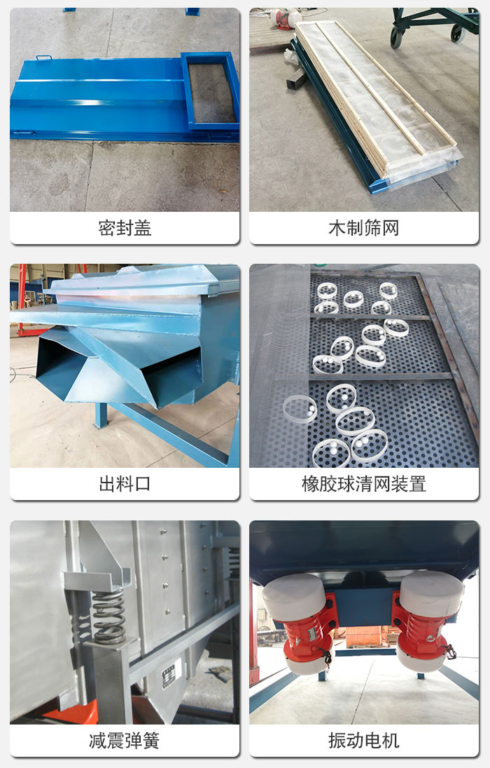 直線篩結(jié)構(gòu)展示：篩網(wǎng)，篩箱，振動(dòng)電機(jī)，振動(dòng)電機(jī)座，減震彈簧，支架等部件展示圖