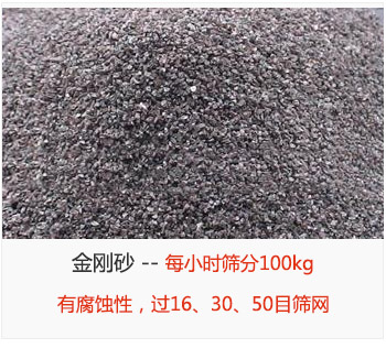篩分金剛砂每小時(shí)100kg，有腐蝕性，過(guò)16、30、50目篩網(wǎng)