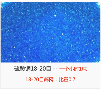 篩分18-20目的硫酸銅 產(chǎn)量一個(gè)小時(shí)1噸，采用18-20目篩網(wǎng)，比重0.7