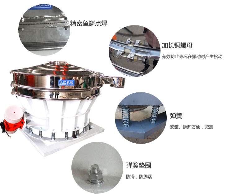 1500直排篩細節(jié)展示：彈簧，彈簧墊圈，加長銅螺母。