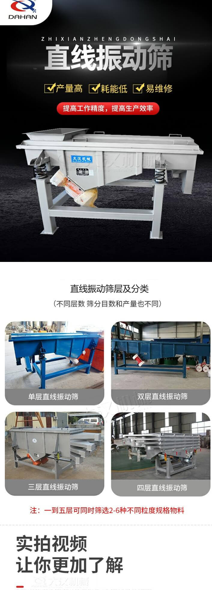 直線振動篩概述，產(chǎn)量高，耗能低，易維修，提高工作精度，提高生產(chǎn)效率，直線振動篩層級分類：不同層數(shù)，篩分目數(shù)和產(chǎn)量也不同：單層，雙層，三層，四層等。