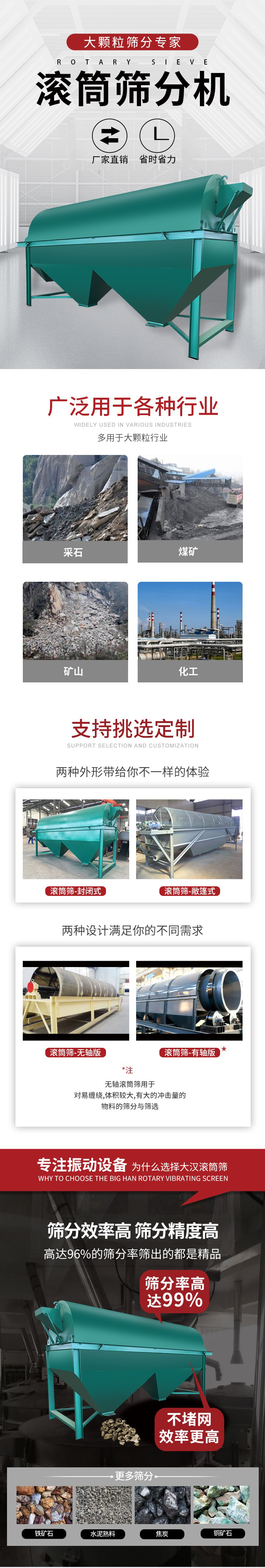 滾筒篩分機(jī)大顆粒篩分專家：廠家直銷，省時(shí)省力。滾筒篩被廣泛應(yīng)用各種行業(yè)：多用于大顆粒行業(yè)例如：采石，煤礦，礦山，化工等。滾筒篩定制類型有哪些：封閉式與敞篷式產(chǎn)品結(jié)構(gòu)分為：無軸式，有軸式兩種，無軸滾筒篩用于對(duì)纏繞，體積較大，有大的沖擊量的物料的篩分與篩選。滾筒篩篩分效率高篩分精度能夠達(dá)到：96%也比較適用于鐵礦石，水泥熟料，焦炭，銅礦石。滾筒篩特點(diǎn)：不飛粉末：密封隔離罩，密封性好，工作過程不會(huì)出現(xiàn)飛粉現(xiàn)象。外型尺寸是按筒體長(zhǎng)計(jì)