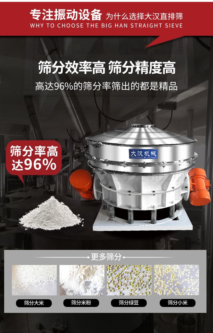 直排篩適用物料有面粉，淀粉，洗衣粉，金屬粉，添加劑，化工，非礦等行業(yè)。