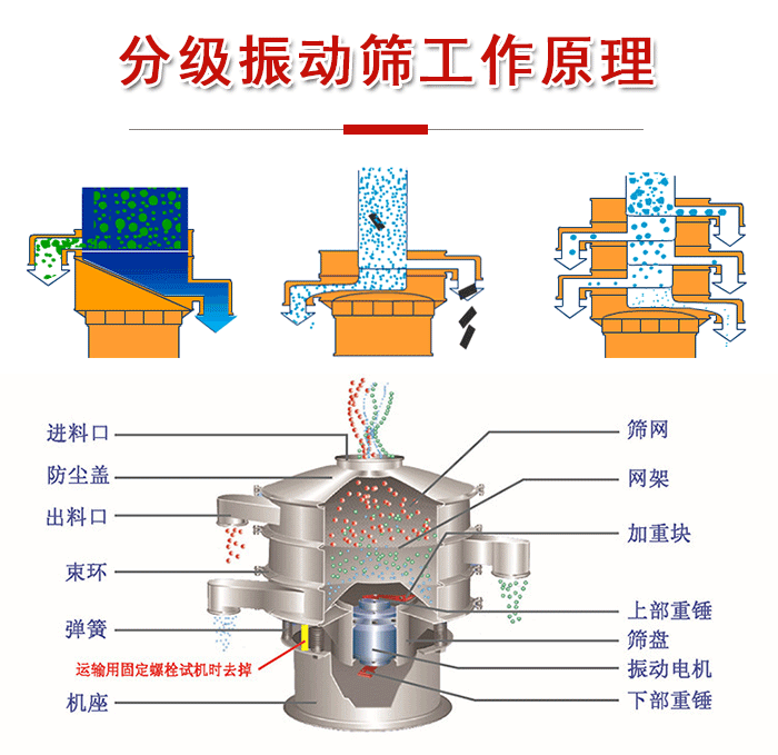 分級(jí)振動(dòng)篩內(nèi)部結(jié)構(gòu)：進(jìn)料口，防塵蓋，出料口，束環(huán)，彈簧，機(jī)座，篩網(wǎng)，網(wǎng)架，上部重錘，振動(dòng)電機(jī)，下部重錘。