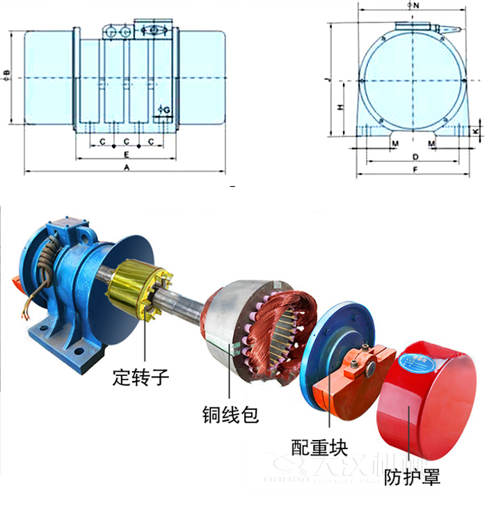 YZS振動(dòng)電機(jī)內(nèi)部主要部件：定轉(zhuǎn)子，銅線包，配重塊，防護(hù)罩。