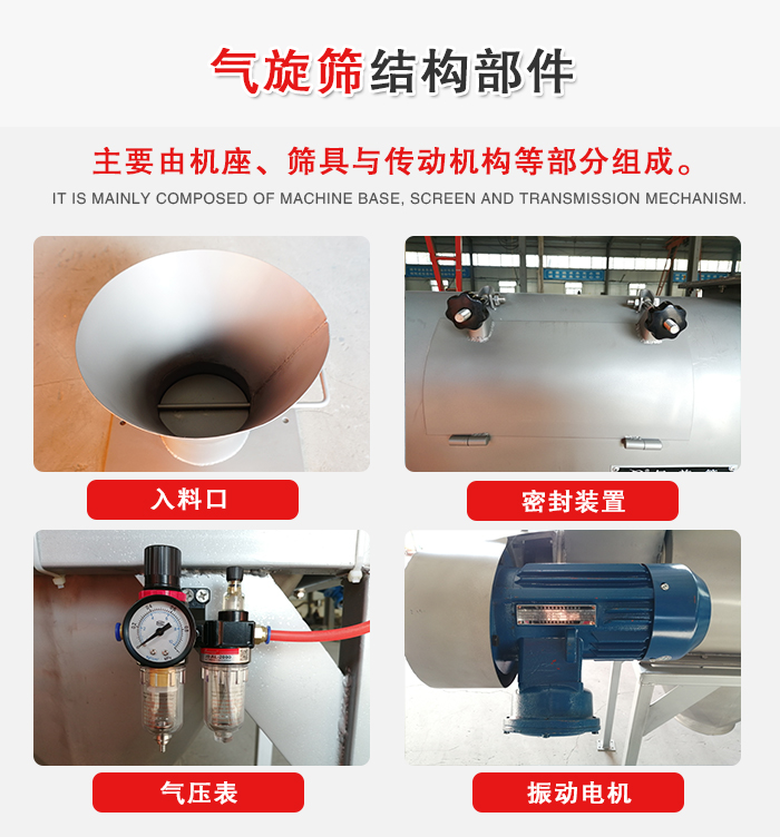 氣旋篩結(jié)構(gòu)：入料口，密封裝置，電機，氣壓表等