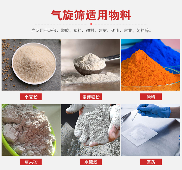 氣旋篩適用物料：小麥粉，麥芽糖粉，涂料，等粉狀物料。